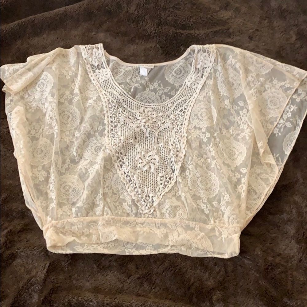 New Mode USA Sheer Ivory Lace Open Side Top Beach Cover Up Blouse Size S